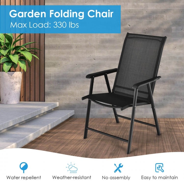 Black outdoor patio folding chair with ergonomic armrests, weather-resistant fabric, perfect for indoor and outdoor use.